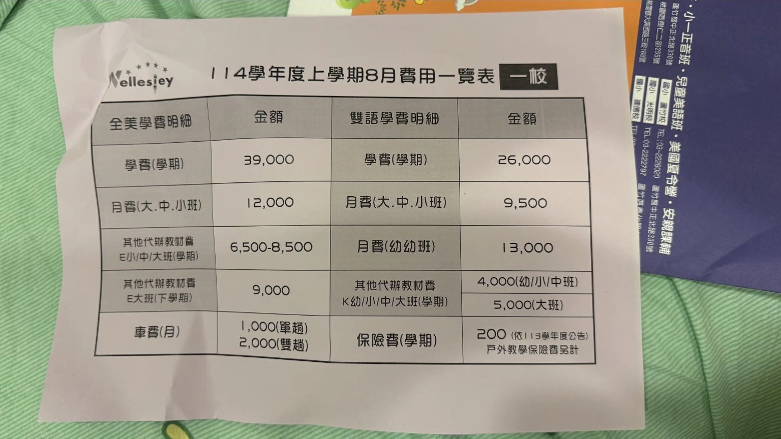 一所幼兒園全美班與雙語班的學費月費教材費和車資表